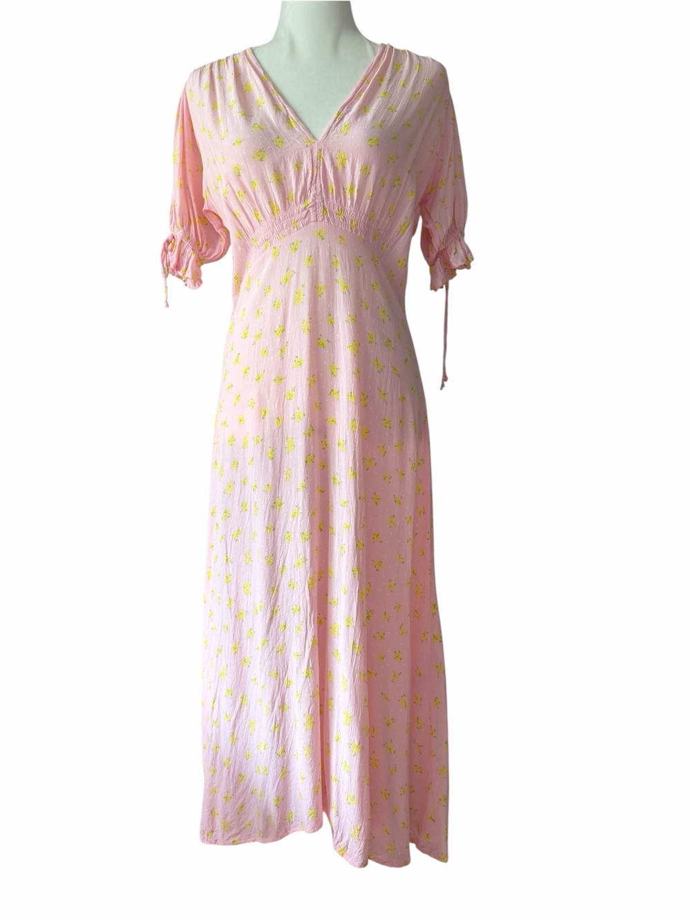 Faithfull the Brand Pink Mejia Midi Dress with Yellow Floral Print